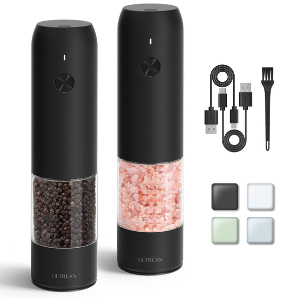 Ultrean Electric Salt and Pepper Grinder Sets (2 Pack), USB Rechargeable Salt Pepper Mill Grinder with 6 Adjustable Coarseness, LED Light, One-Hand Operation for Kitchen, Restaurant, BBQ