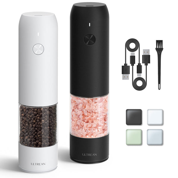 Ultrean Electric Salt and Pepper Grinder Sets (2 Pack), USB Rechargeable Salt Pepper Mill Grinder with 6 Adjustable Coarseness, LED Light, One-Hand Operation for Kitchen, Restaurant, BBQ