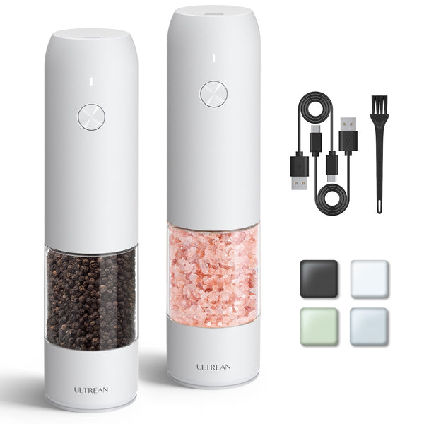 Ultrean Electric Salt and Pepper Grinder Sets (2 Pack), USB Rechargeable Salt Pepper Mill Grinder with 6 Adjustable Coarseness, LED Light, One-Hand Operation for Kitchen, Restaurant, BBQ